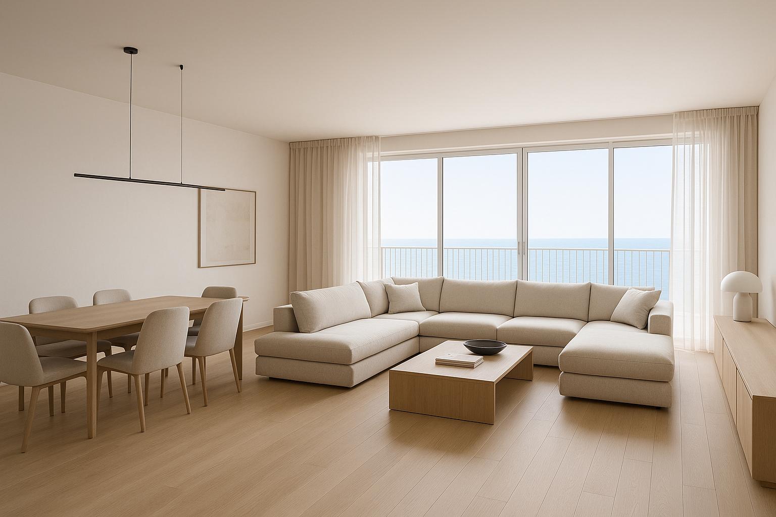 Ultra-Realistic Modern Living Room Design with light oak and a calm living room atmosphere.