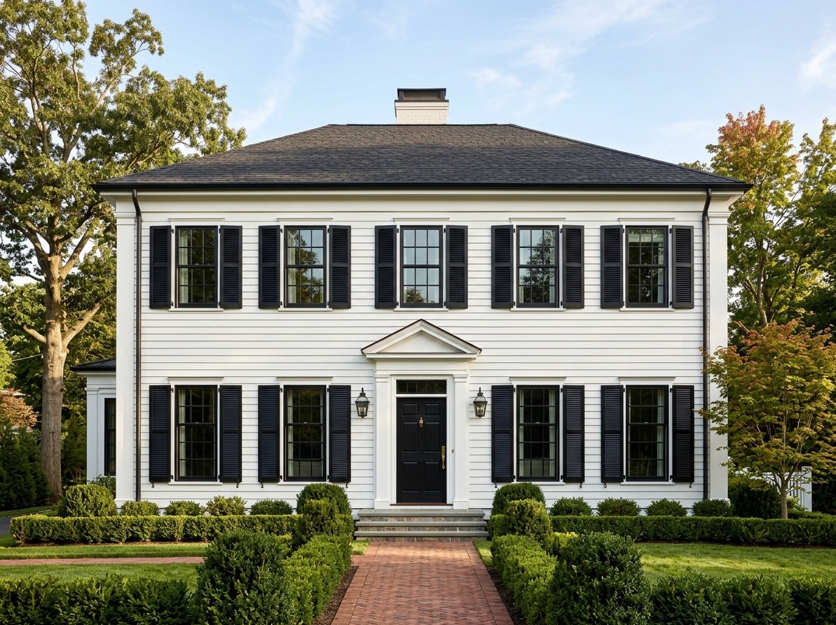 Classic white colonial house with black shutters, black trim,  and symmetrical traditional landscaping