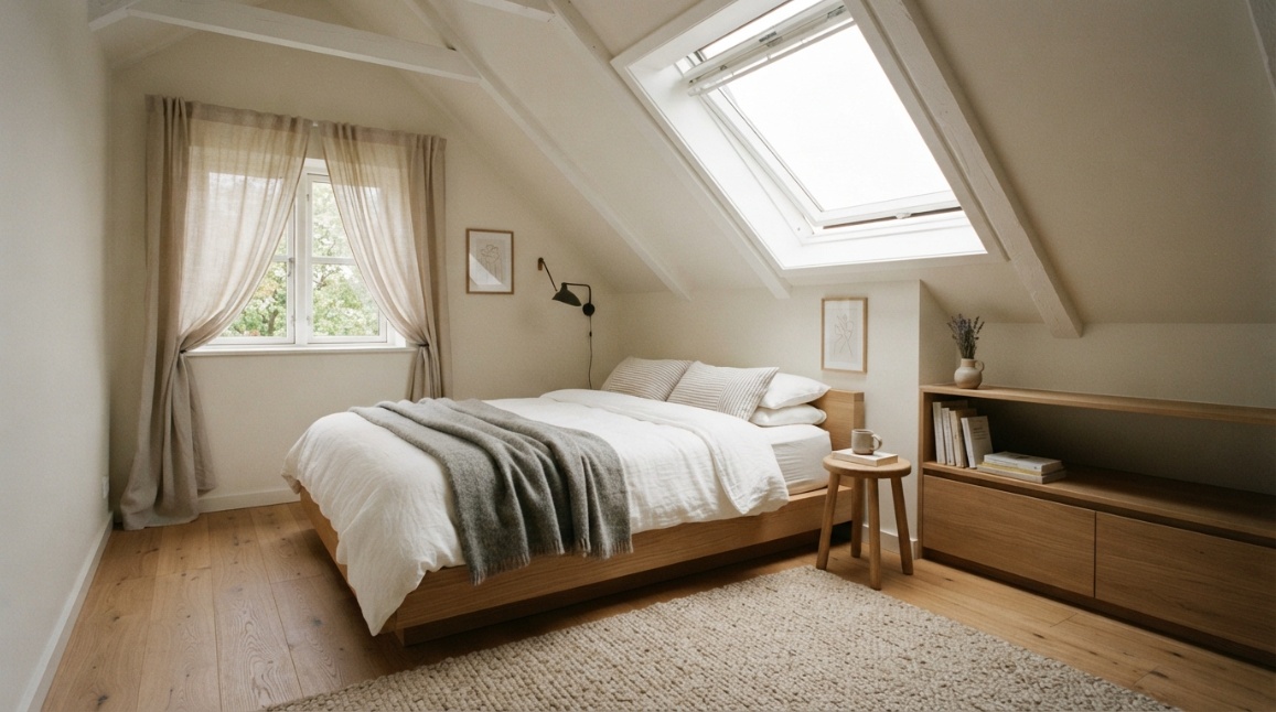 photorealistic attic bedroom with sloped ceiling, Scandinavian style, low bed, oak floor
