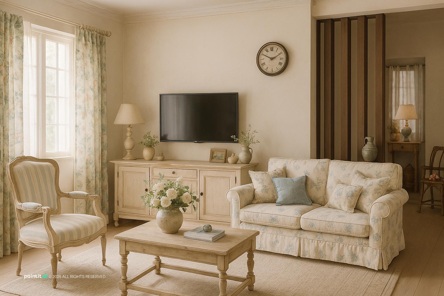 Cottage-style living room with floral slipcovered sofas, a TV cabinet and a wooden coffee table