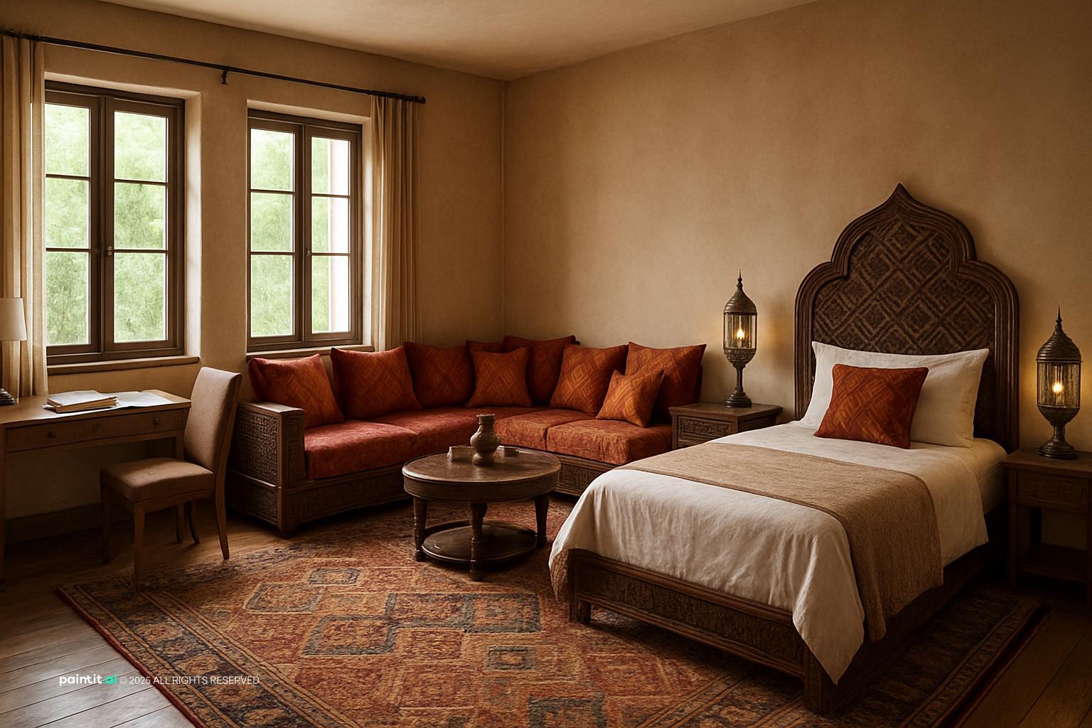 Bedroom with a carved headboard, a Moroccan salon sofa, patterned rugs and hanging lanterns
