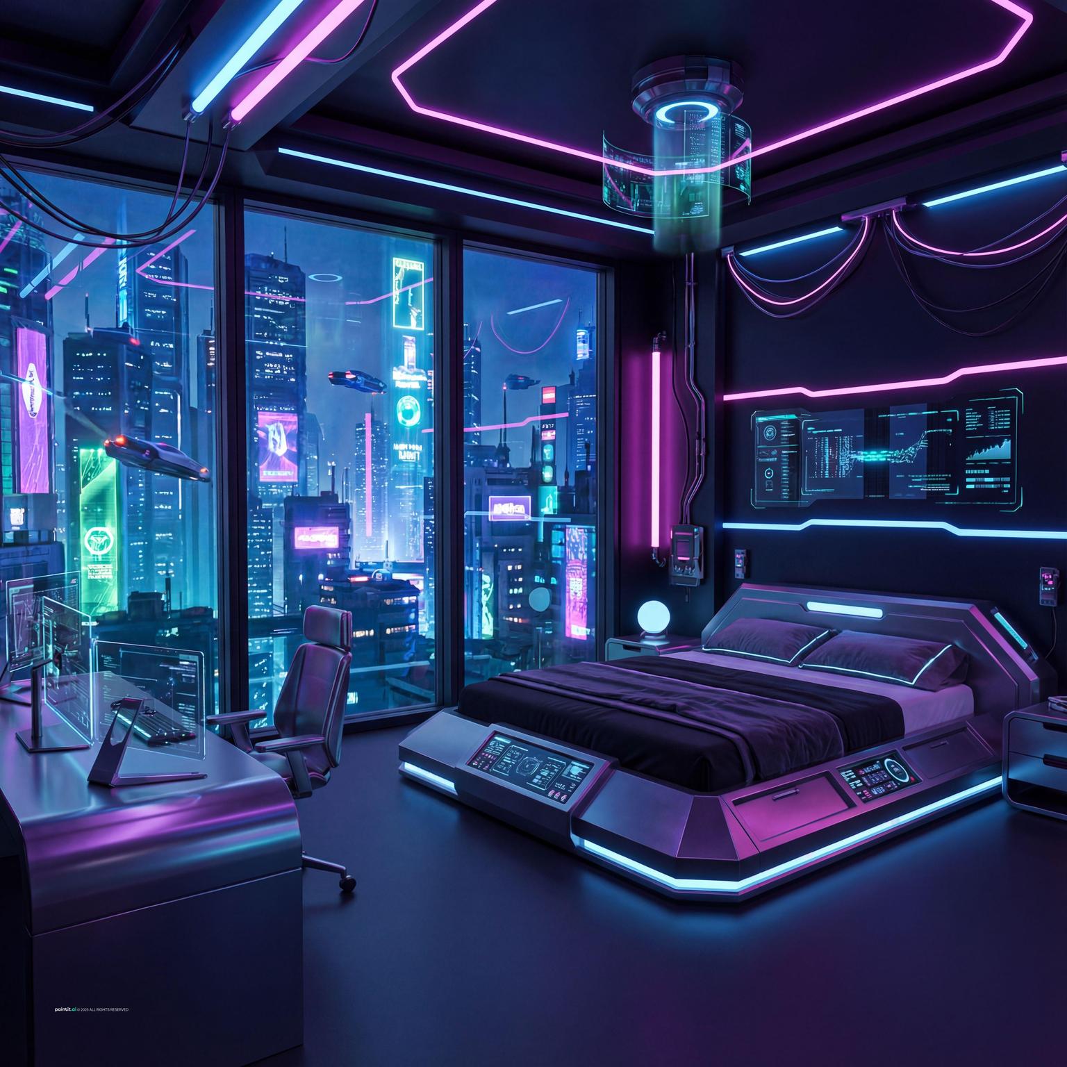 Futuristic Cyberpunk Bedroom with Bold Color for Futuristic Style Interior Design