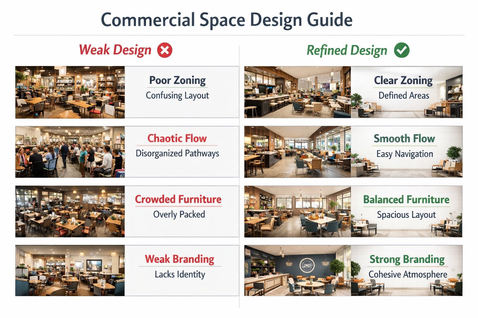 Educational comparison showing why commercial space realism depends on zoning, circulation, and brand logic