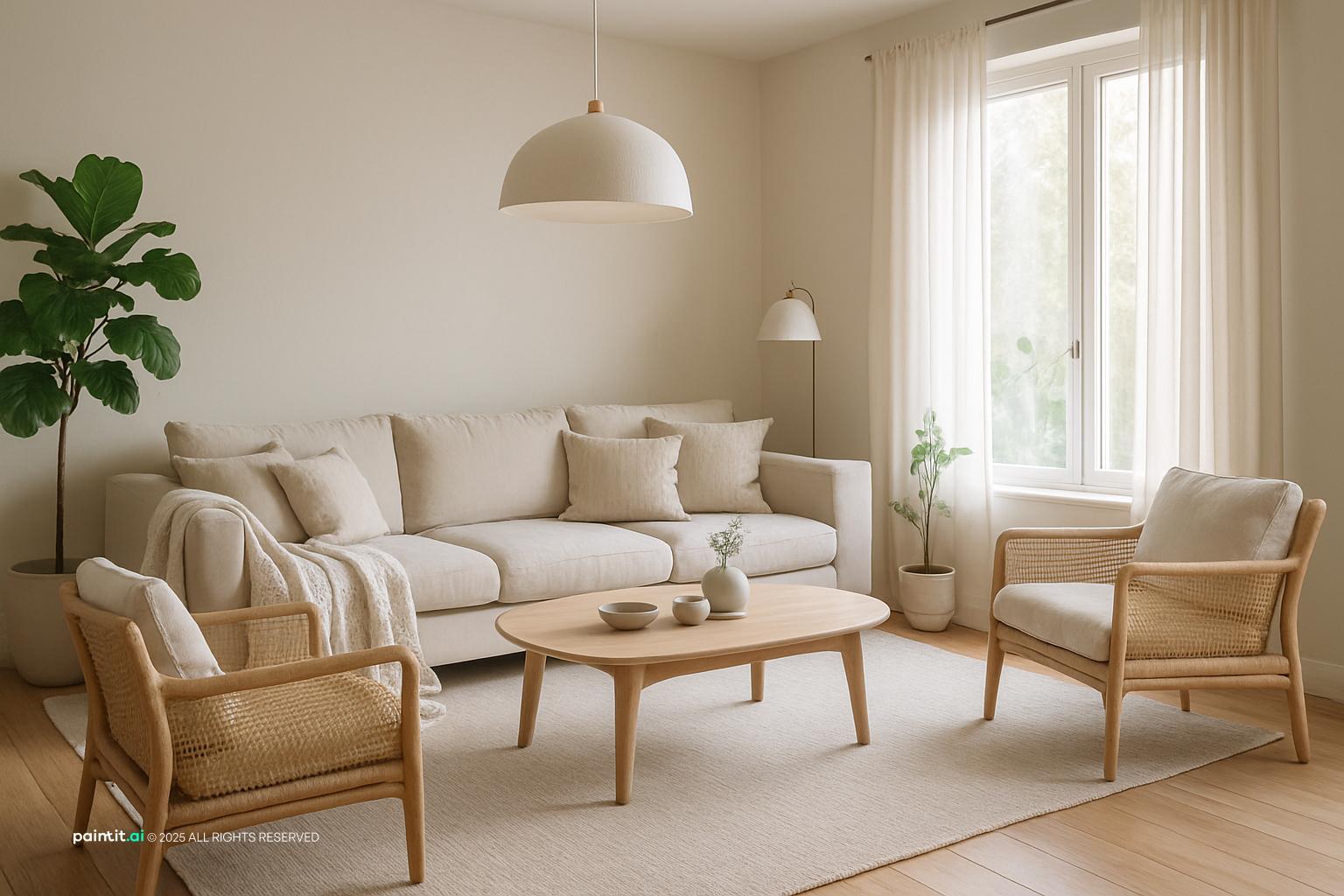 Ultra-photorealistic clean, natural, and comfortable wine red living room with soft neutral tones.