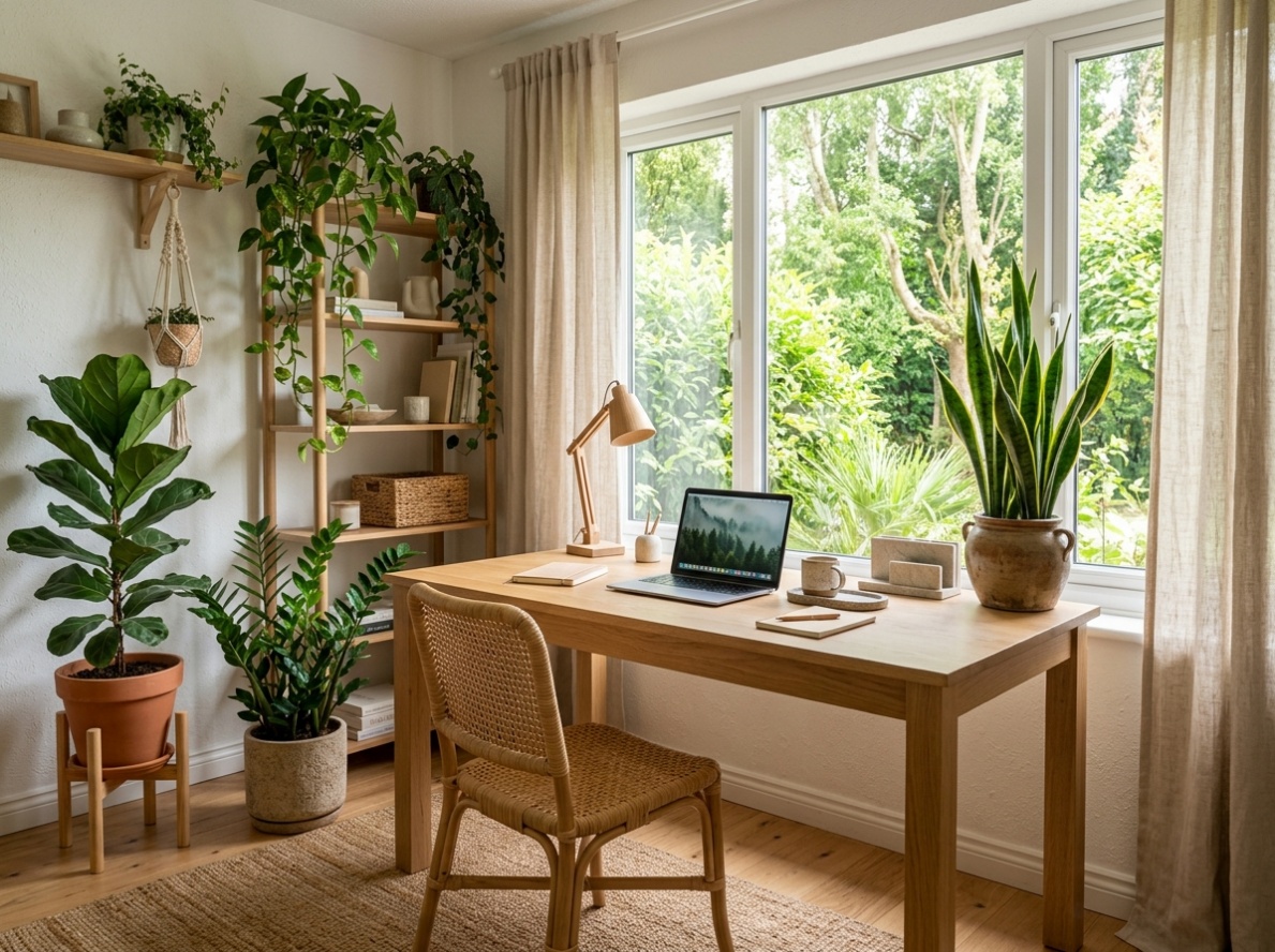 Biophilic home office with light wood desk facing a large window, surrounded by large potted plants, jute rug, and natural daylight