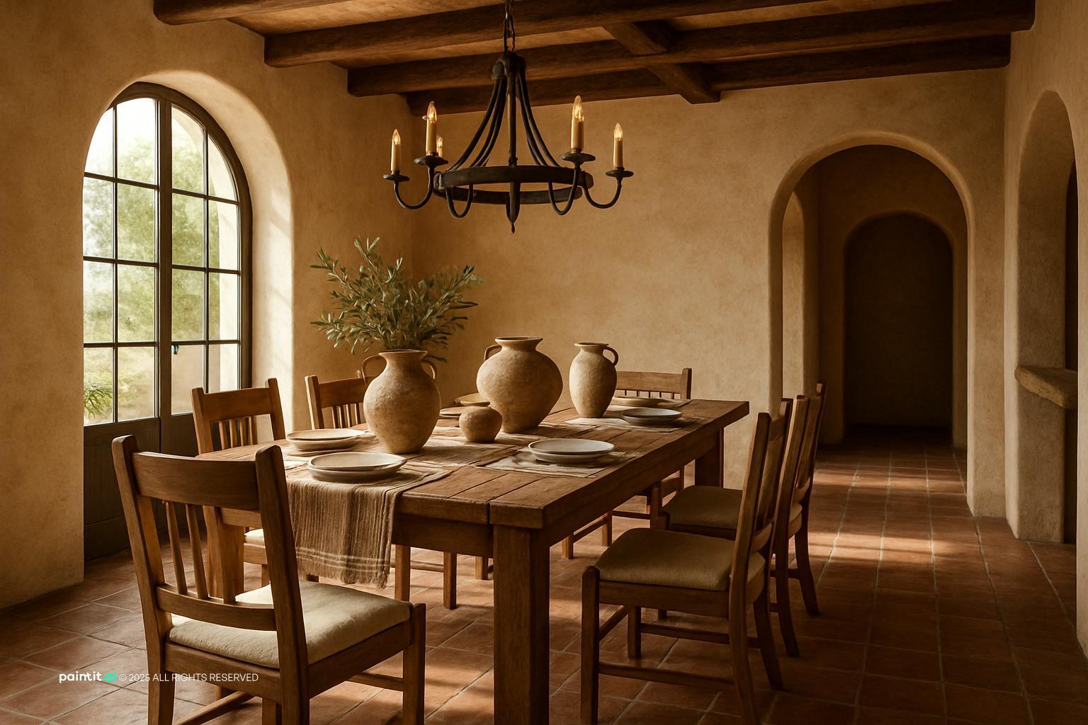 New Mexico Southwestern interior with adobe terracotta turquoise textiles and exposed beams 10