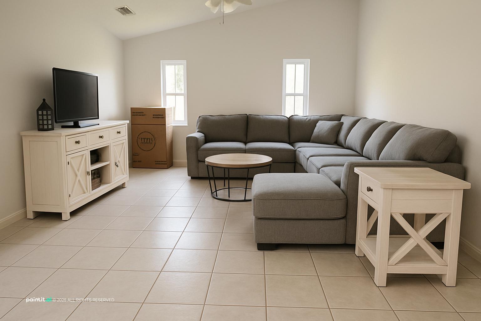 Living room with a gray sectional, a white farmhouse TV console, a white end table and tiled floors