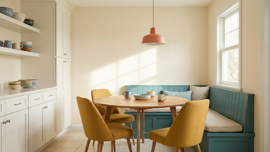 Cream kitchen with a teal banquette, mustard dining chairs, coral pendant, and an oak table.