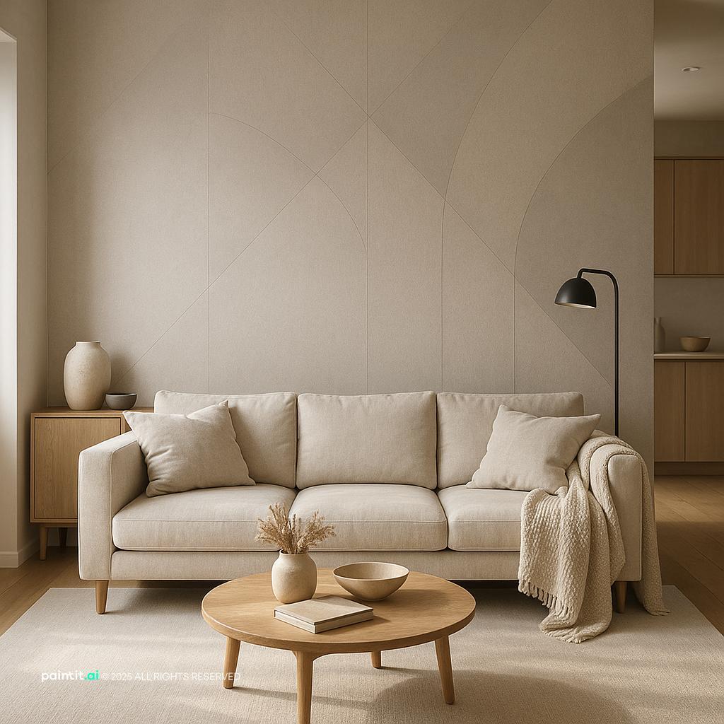 Elegant Taupe Living Room Design showing wallpaper pattern, layered neutrals, natural light for Living Room Wallpaper Ideas.