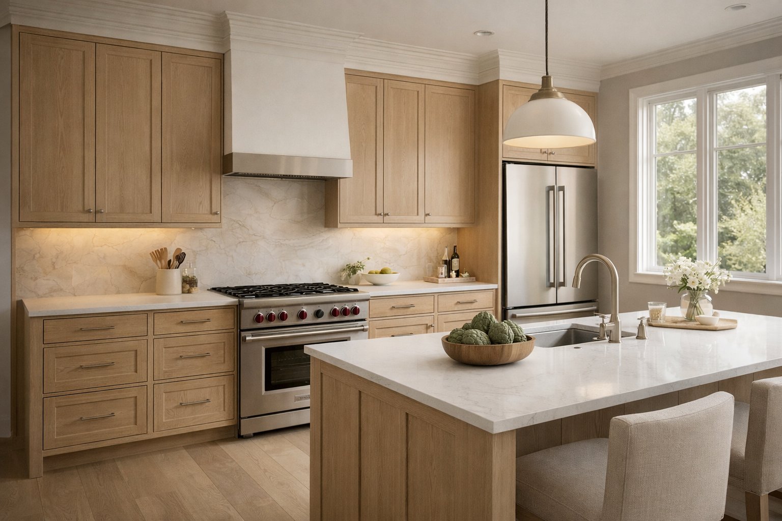 Kitchen visualization showing strong cabinet rhythm, balanced materials, and realistic layout