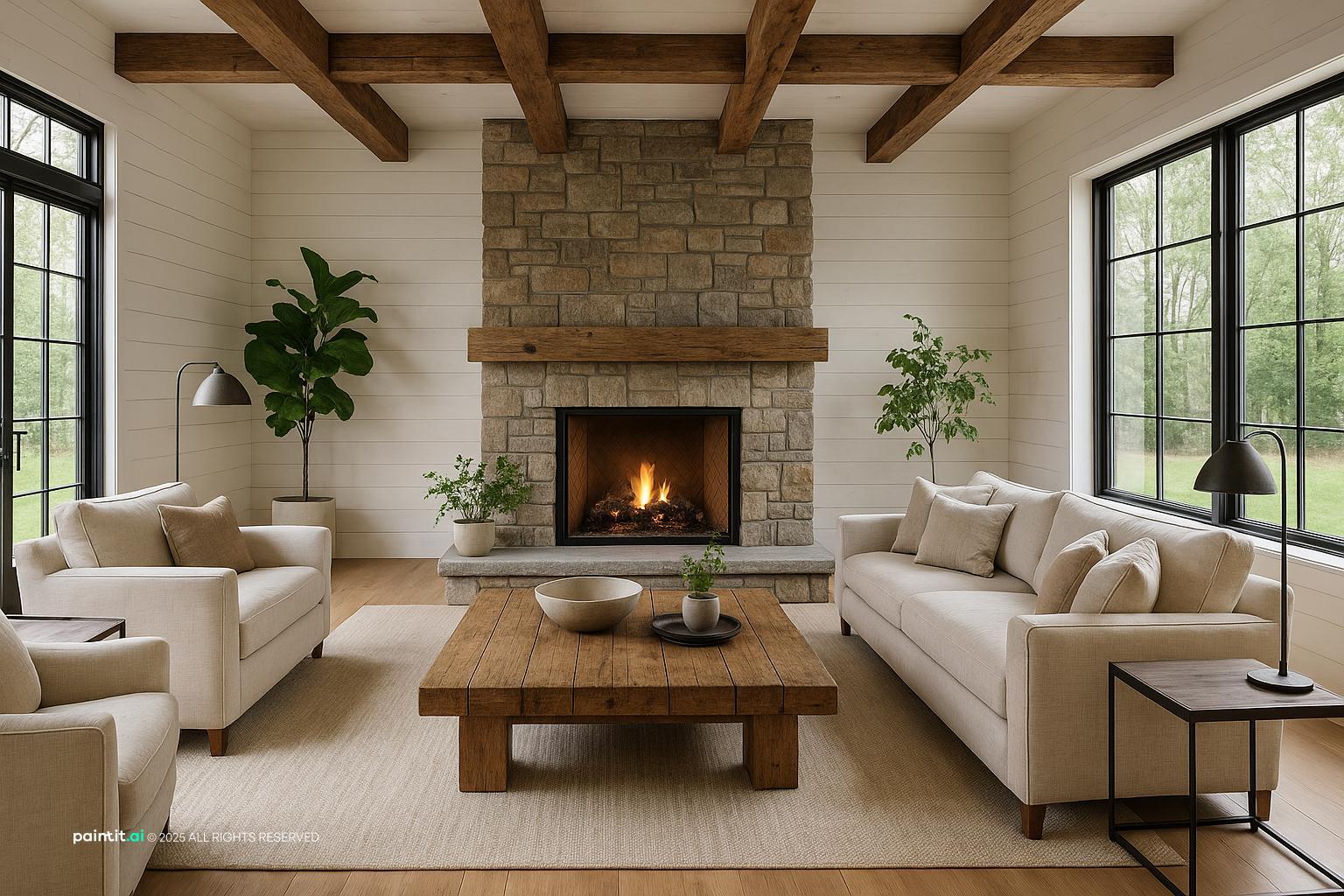 Modern farmhouse living room with wood beams, fireplace, and warm neutral seating