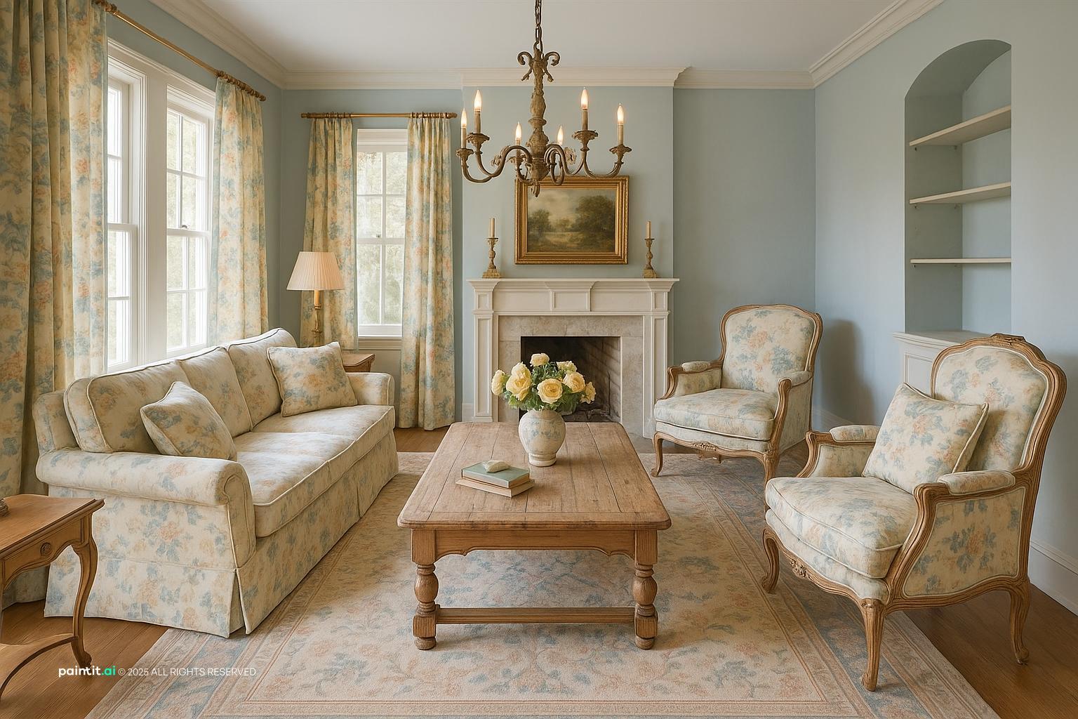 French country living room with floral sofas and armchairs, pale blue walls, a chandelier and a wooden coffee table