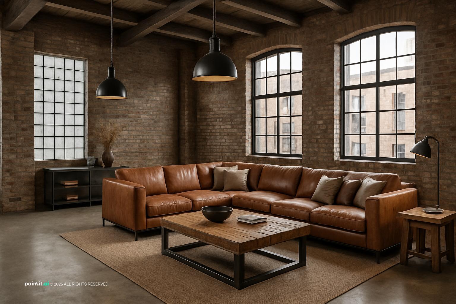 Open loft living room with concrete floors, brick walls, and black metal accents