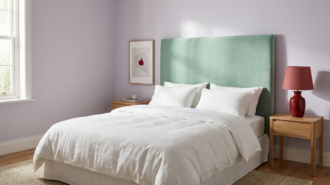 Lavender bedroom with a mint headboard, white bedding, cherry-red lamp, and light wood furniture.