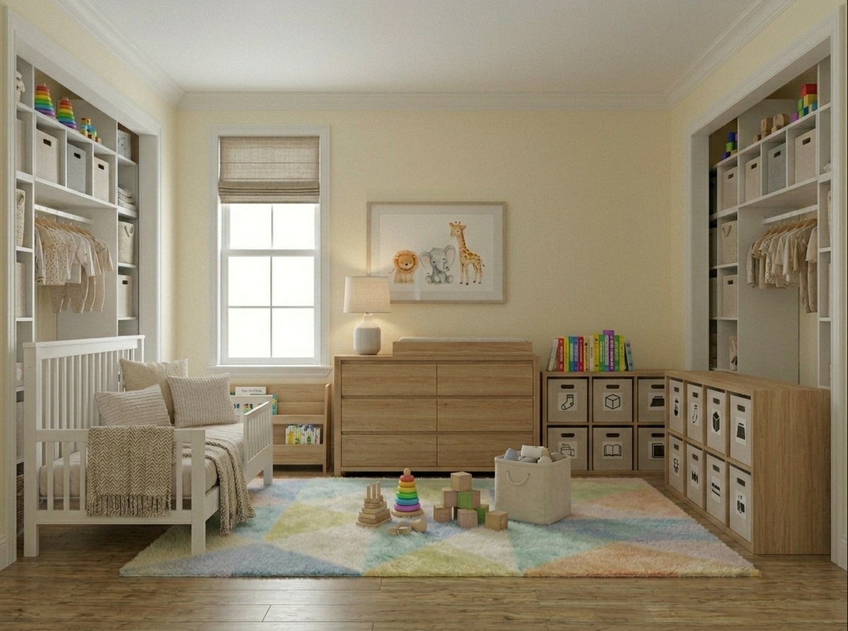 Adaptable nursery transitioning into a toddler room with convertible crib and modular storage