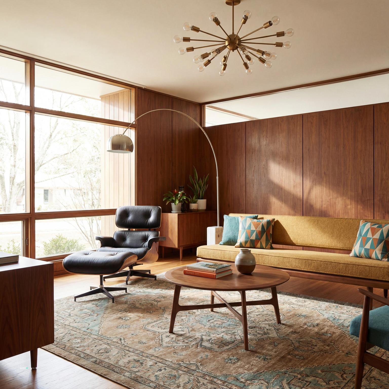 Stylish 1940s mid-century modern living room with practical furnishings, muted color palette, and vintage decorative elements.