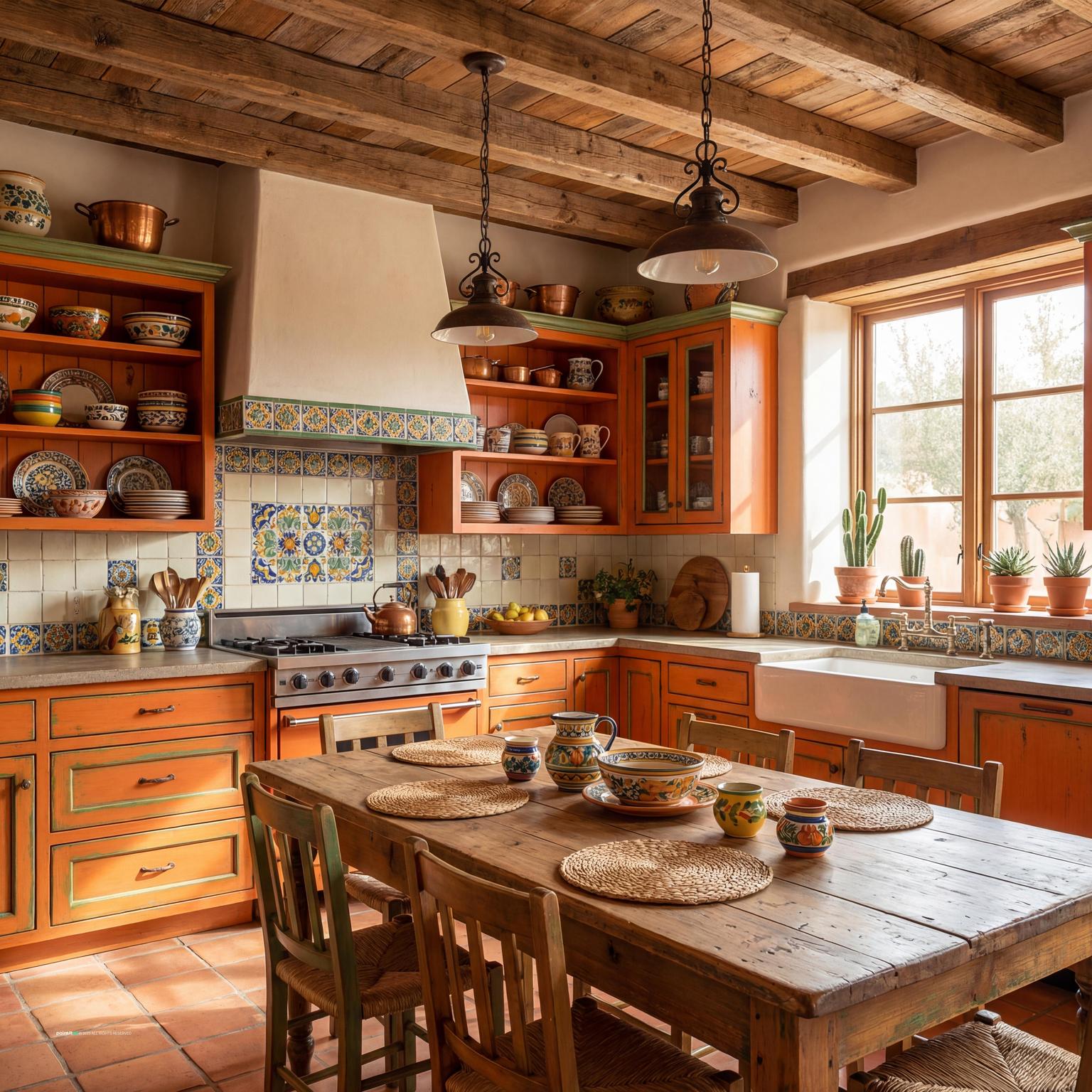 Santa Fe kitchen with terracotta floors and hand-painted tile