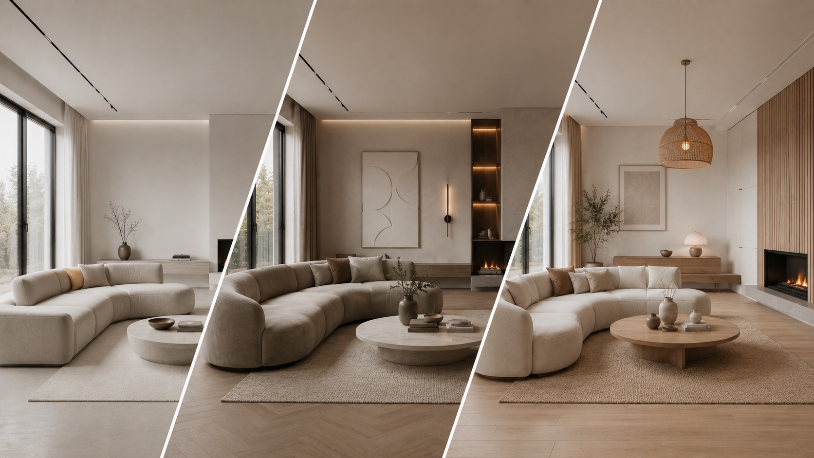 Same room interpreted in different design styles to show visual language changes