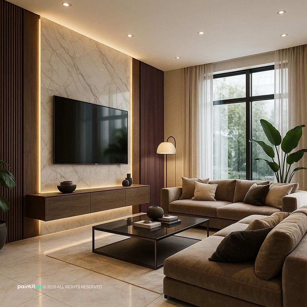 Luxury Contemporary Living Room Design showing ceiling lights, floor lamp glow, LED accent lighting for Living Room Lighting Ideas.