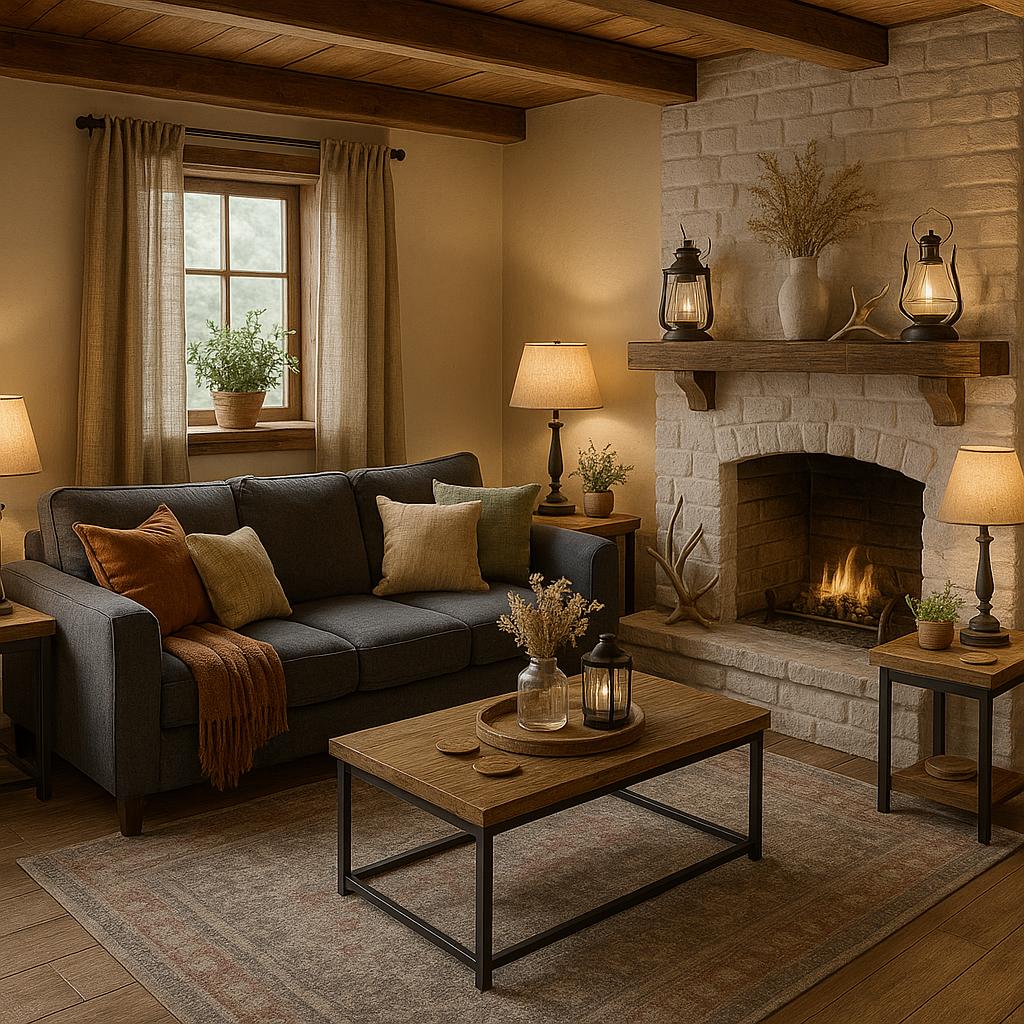 Cozy Farmhouse Basement Living Room Design with linen and wood and a calm living room atmosphere.