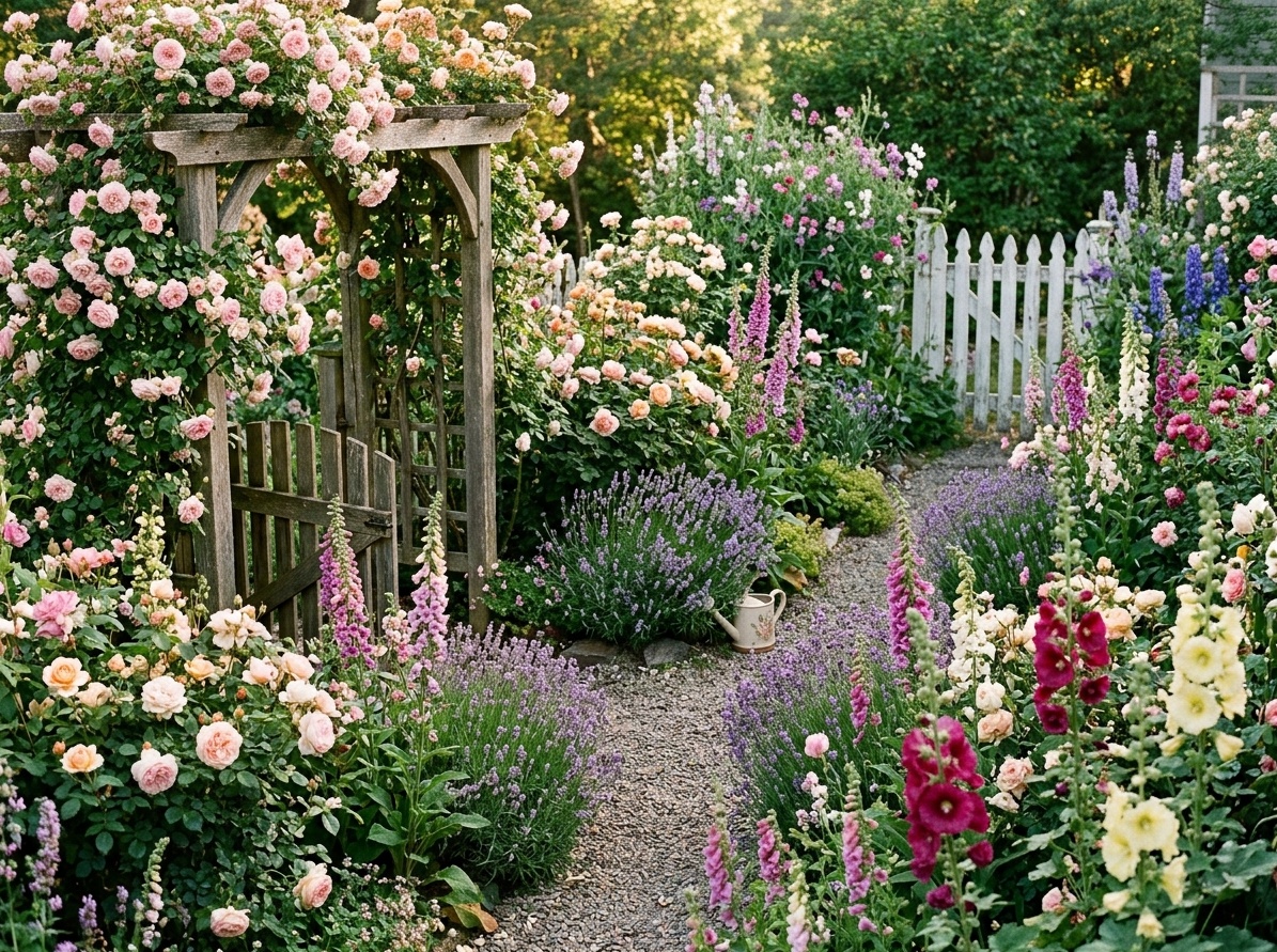 Romantic cottage garden backyard with overflowing mixed flower borders, pink climbing rose on wooden arbor, white picket fence, and gravel path