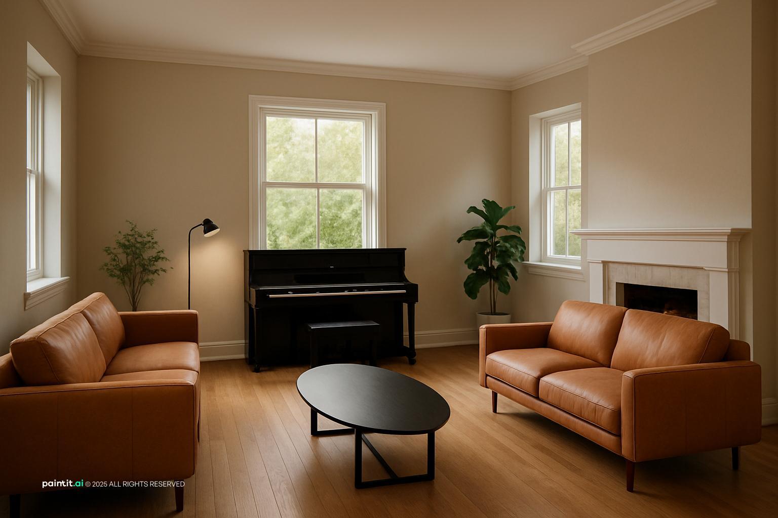 Living room with two tan leather sofas, a black piano between the windows and a round coffee table