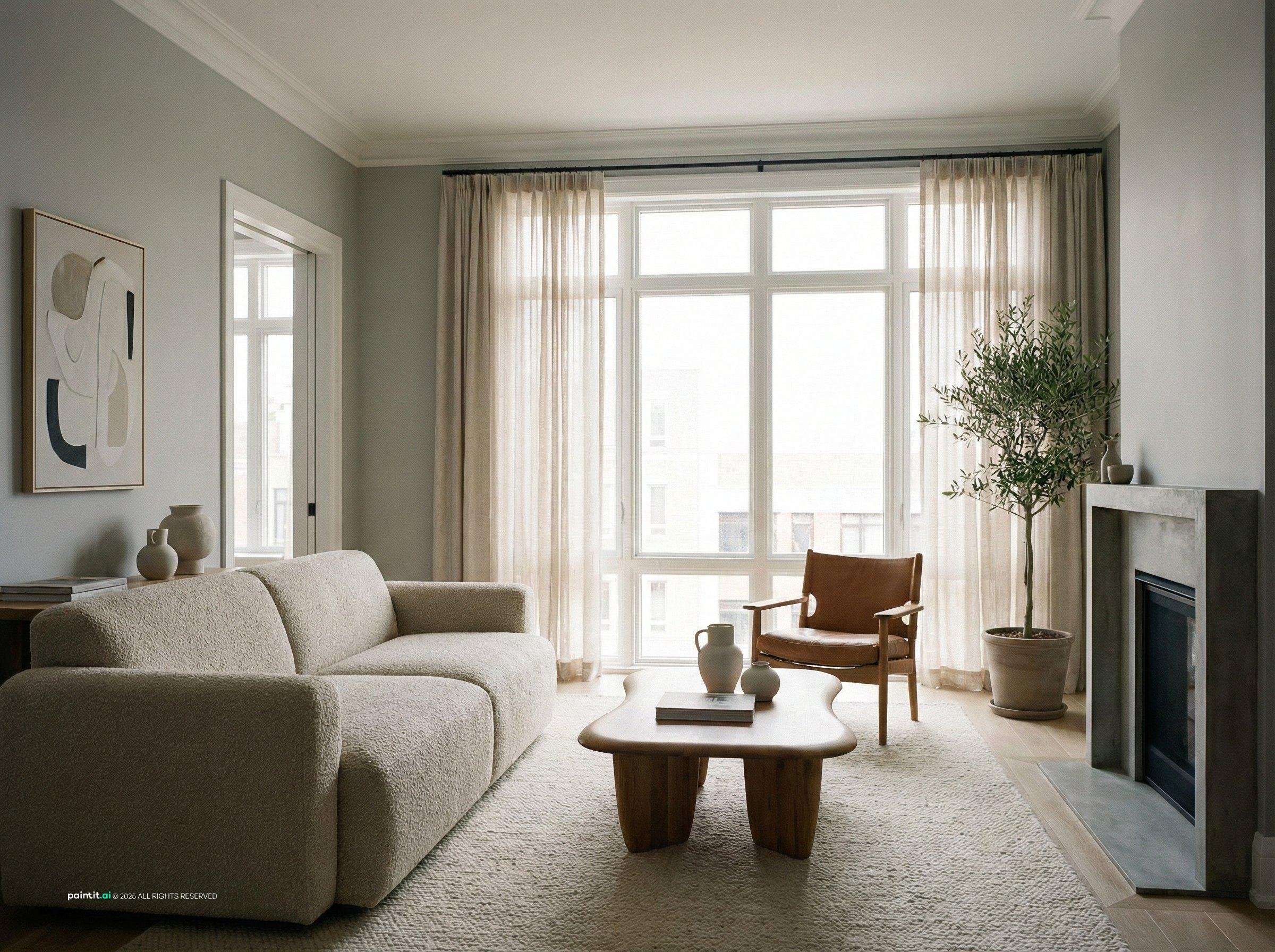 Classic gray living room with soft gray walls, white trim, a gray sofa and a leather armchair by the fireplace