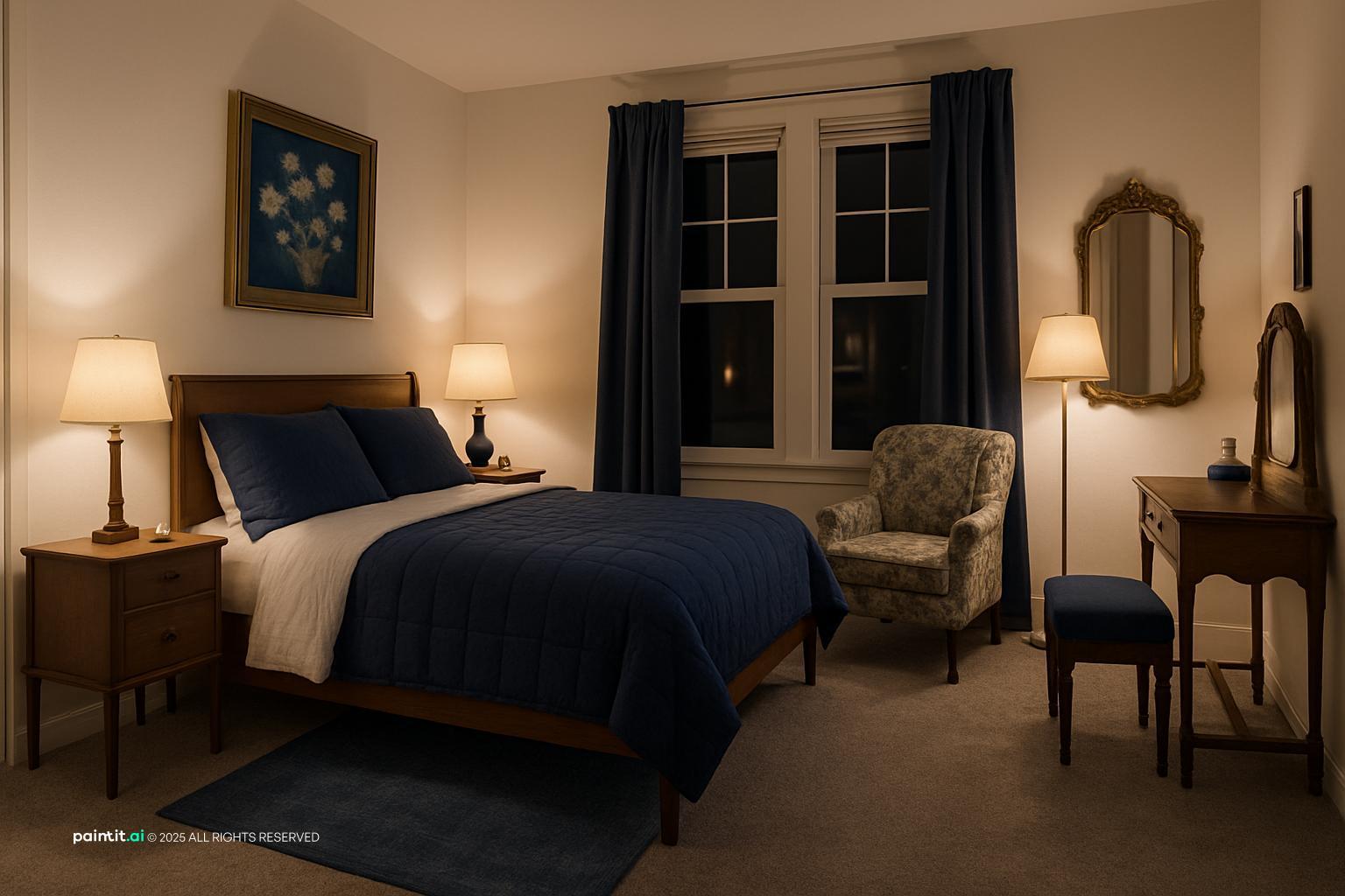 Guest room with a navy comforter on a mid-century bed, vintage side tables, a patterned reading chair and a dressing table