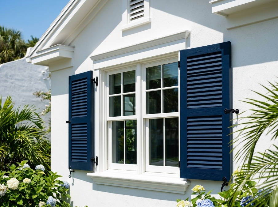 Navy shutters and white trim showing strong color retention on a sunlit Florida home.