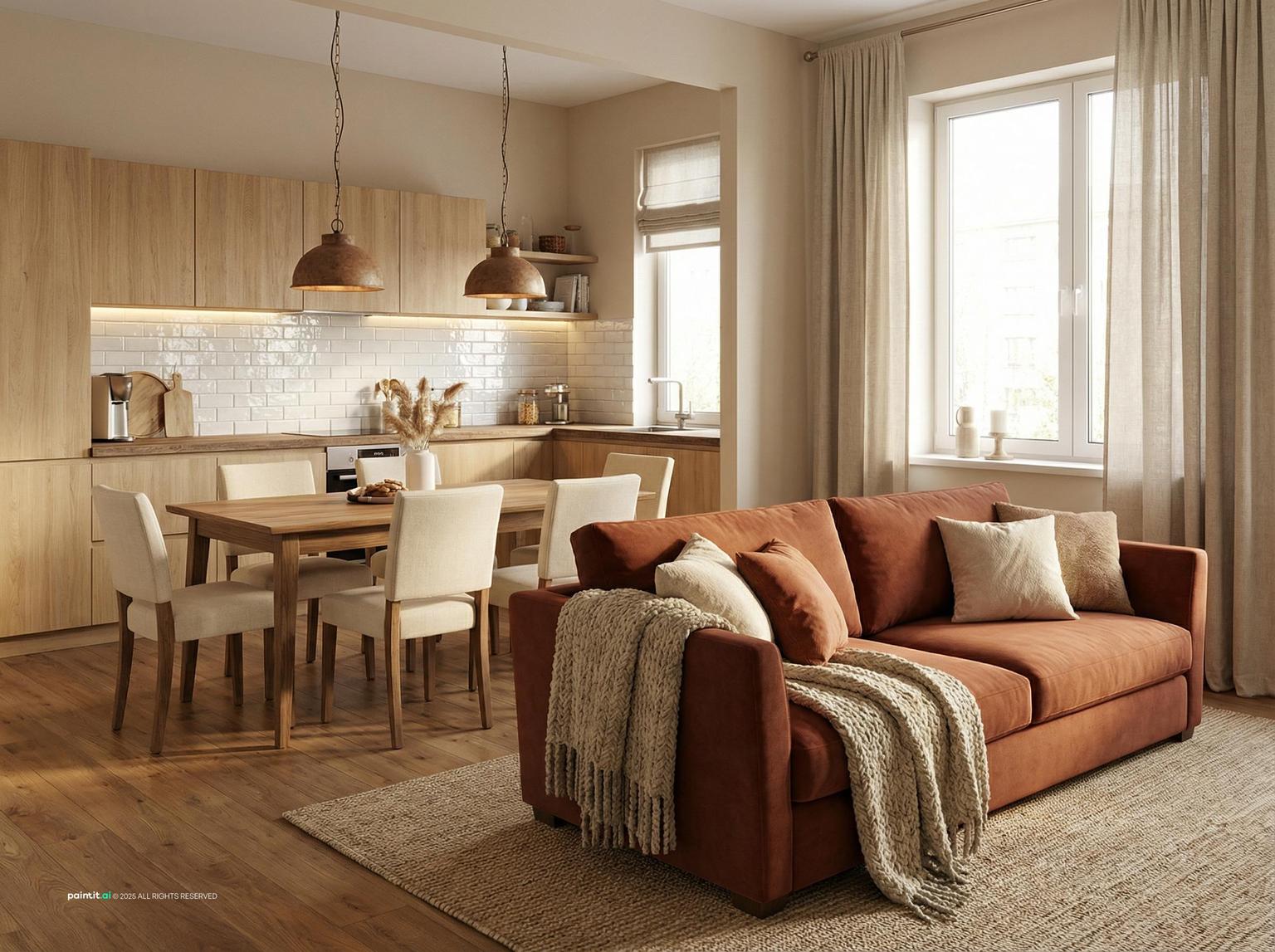 Open kitchen, dining, and living zone