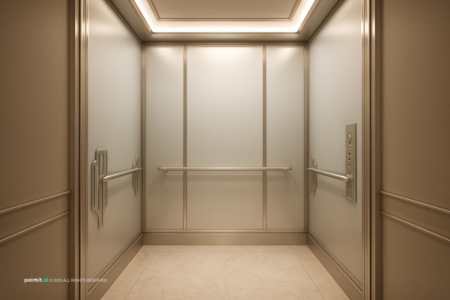 Modern elevator cab with cream panels, glass walls, a marble floor and a stainless handrail