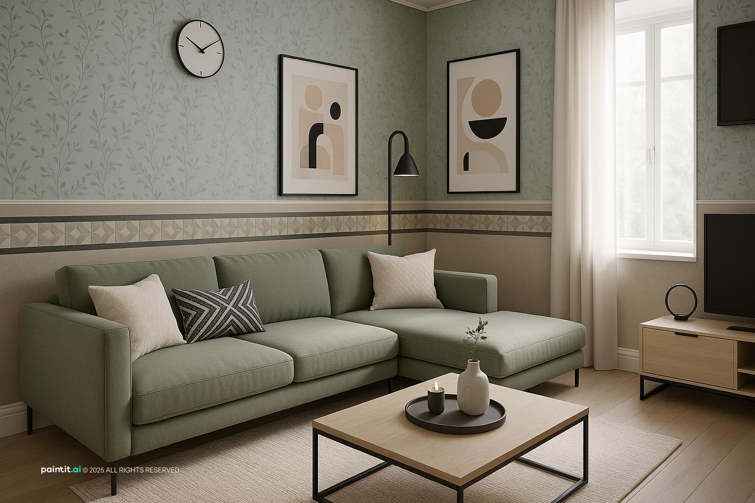 Living room with a sage green sectional, abstract prints and sheer curtains