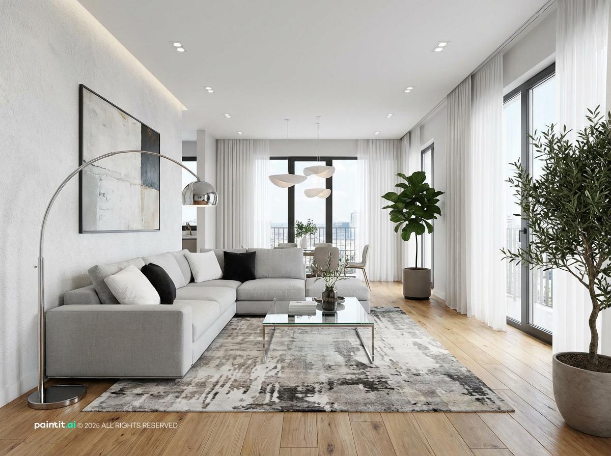 Long living room with a light grey sofa, a patterned rug, olive trees and floor-to-ceiling windows