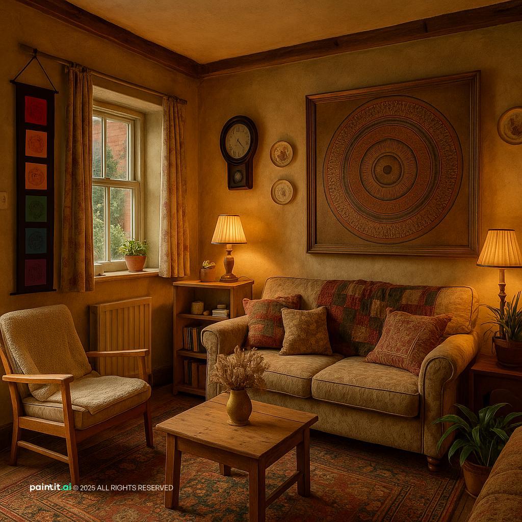 English cottage living room with warm earthy walls, a floral sofa, a wooden coffee table and a large wall hanging