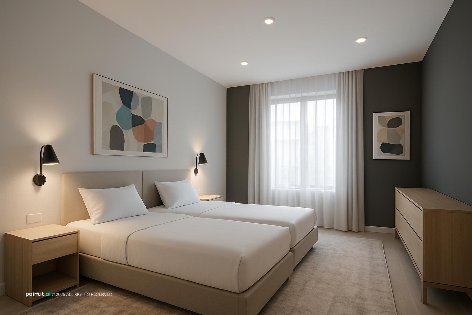Modern twin hotel room with two beds, wall-mounted sconces above each bed, art prints and a low dresser