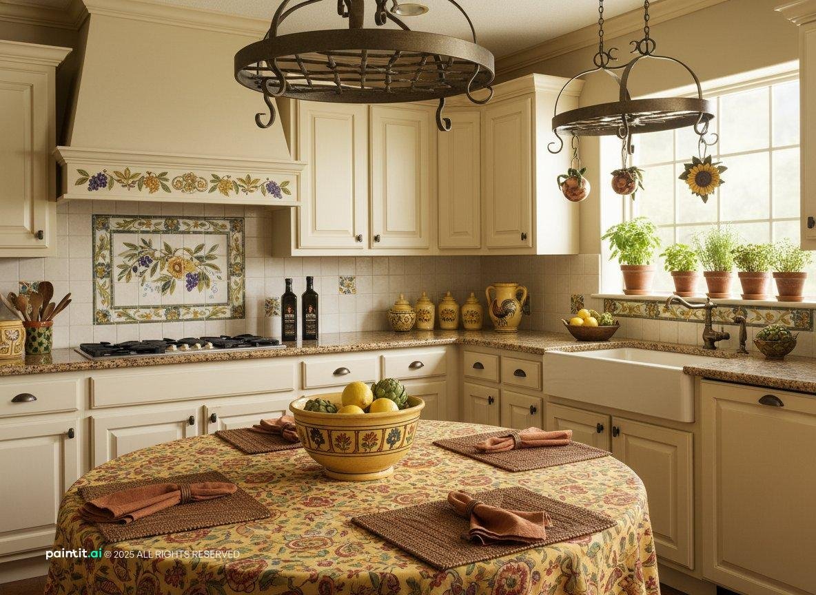 Tuscan-style kitchen with a painted tile splashback, an iron pot rack, cream cabinets and a round table