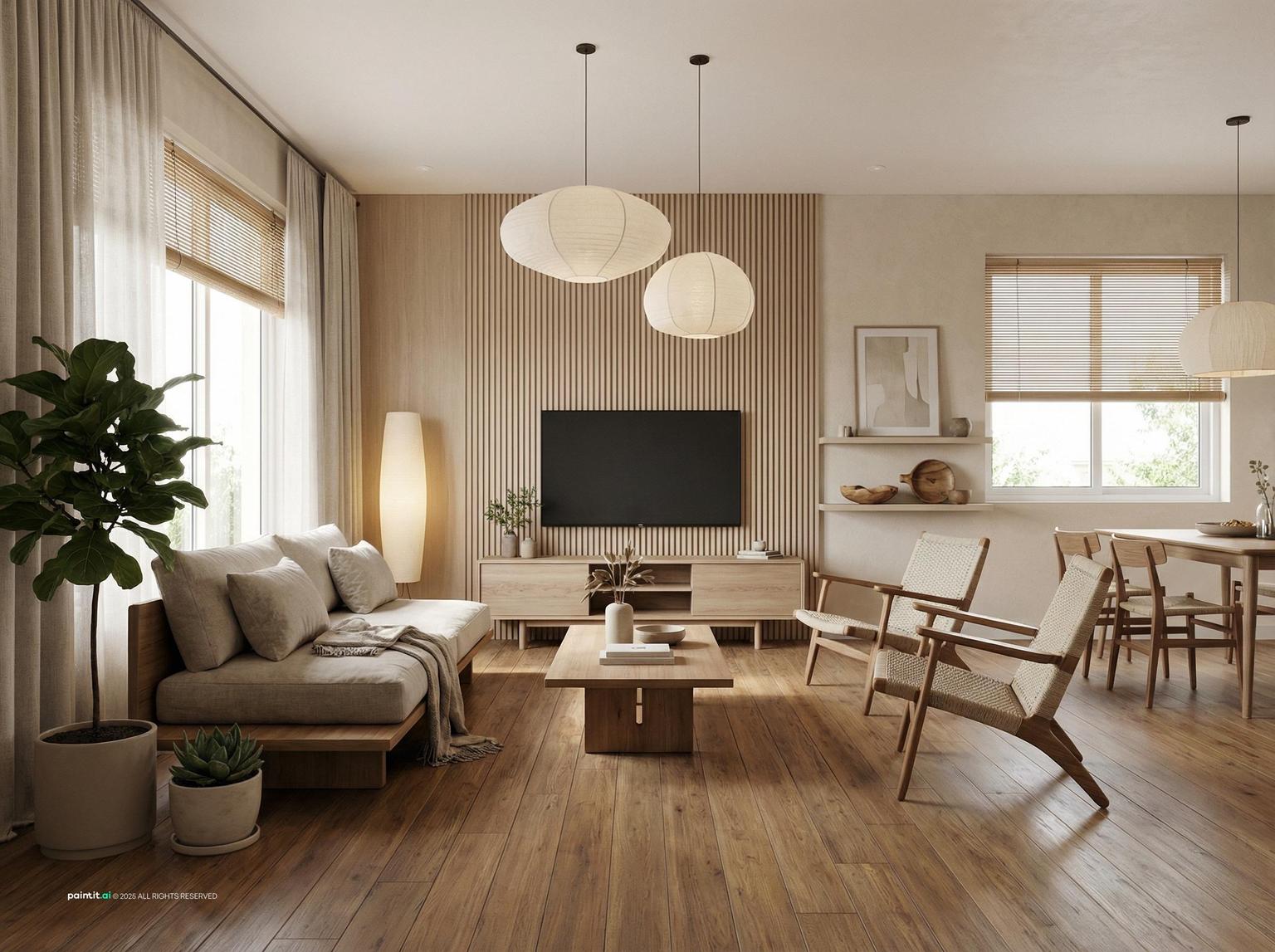 Open-plan Japandi living and dining room with paper pendants, low wooden furniture and plants