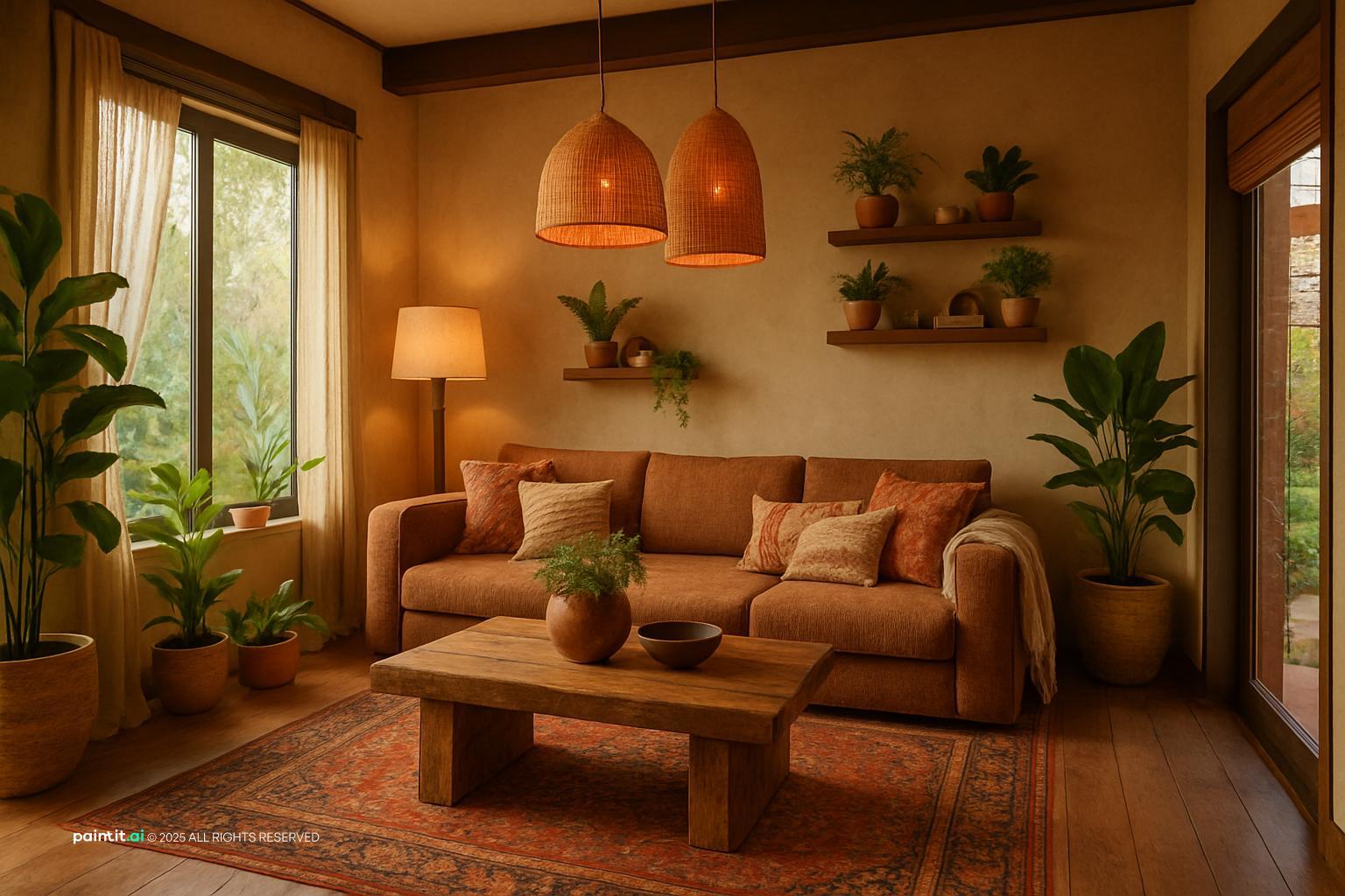 Boho living room with rust pendants, a tan sofa and plant shelves