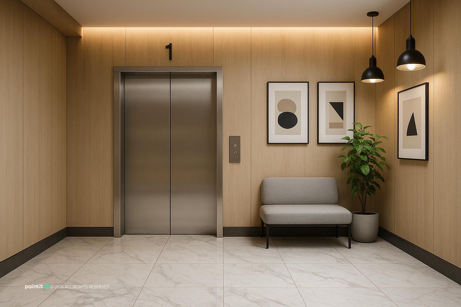Modern lift lobby with wood-look wall panels, framed prints, a bench and a plant