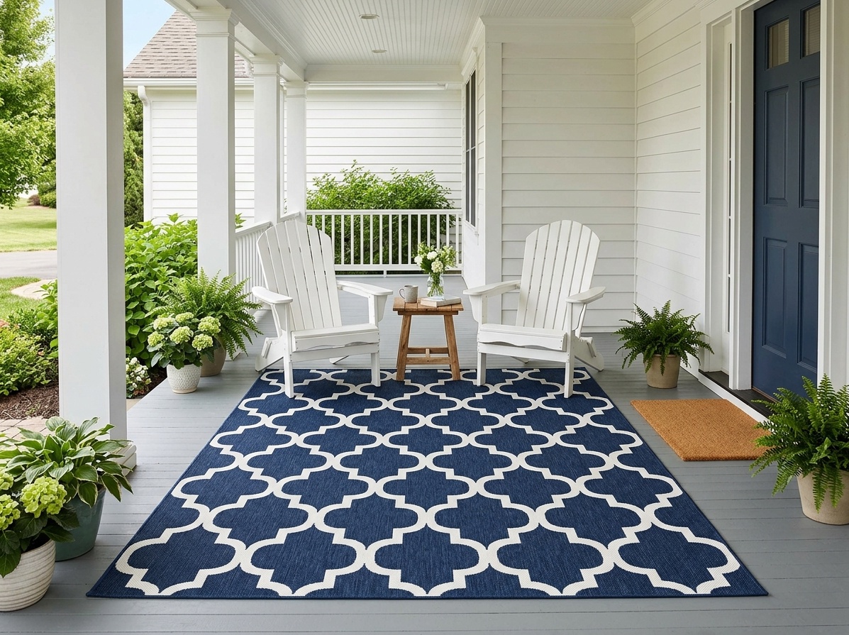 Front porch seating area anchored by a navy and white geometric  outdoor rug with two white Adirondack chairs and a wooden side table