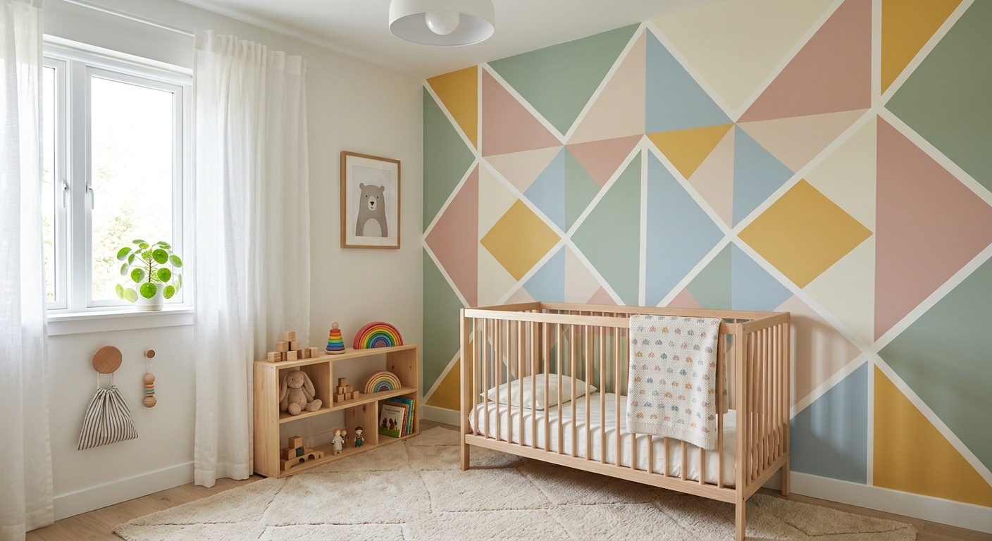 Nursery wall with a pastel geometric paint pattern
