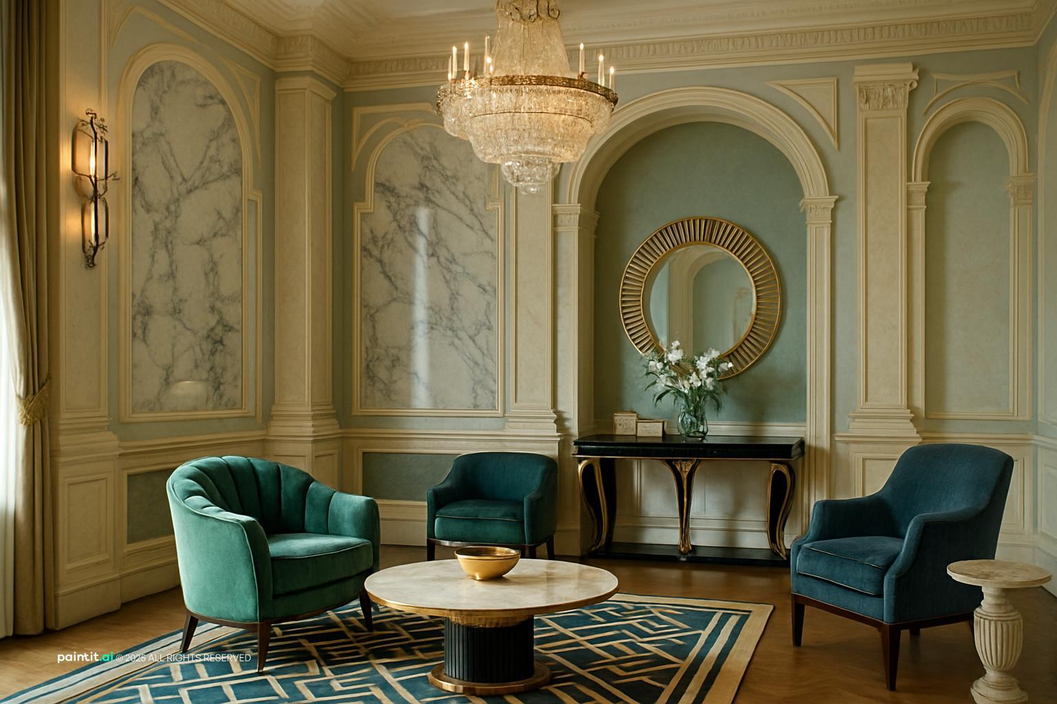 Light Art Deco room with pale green walls, carved relief panels, teal armchairs and a round marble table
