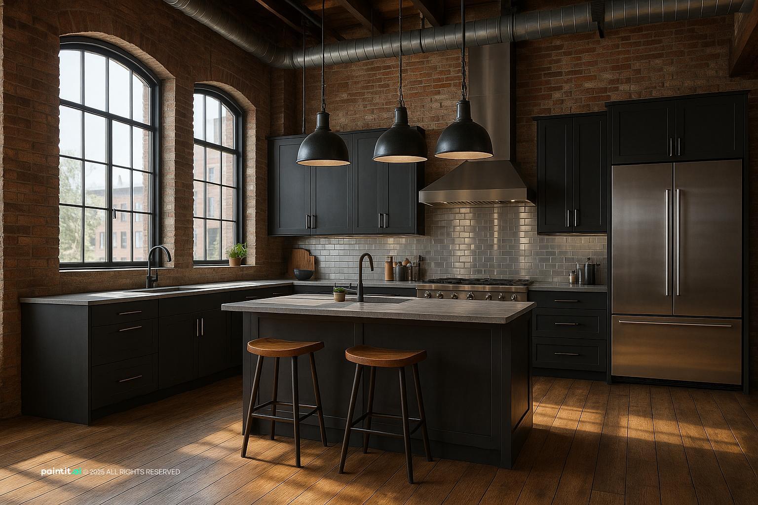 Exposed Brick Loft Kitchen with Steel Details for New York Loft Style Interior Design
