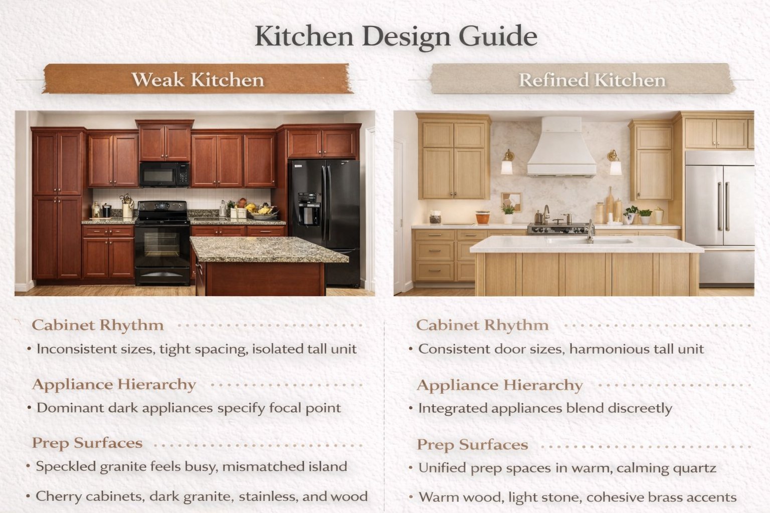 Educational comparison showing why kitchen realism depends on layout, cabinetry, and material logic