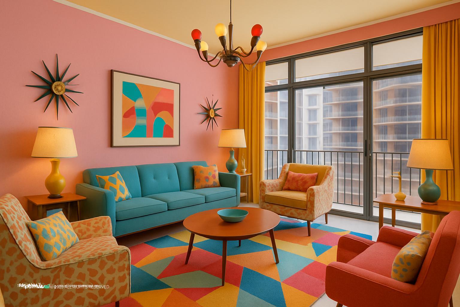 Colourful mid century living room with pink walls, a teal sofa and a starburst clock