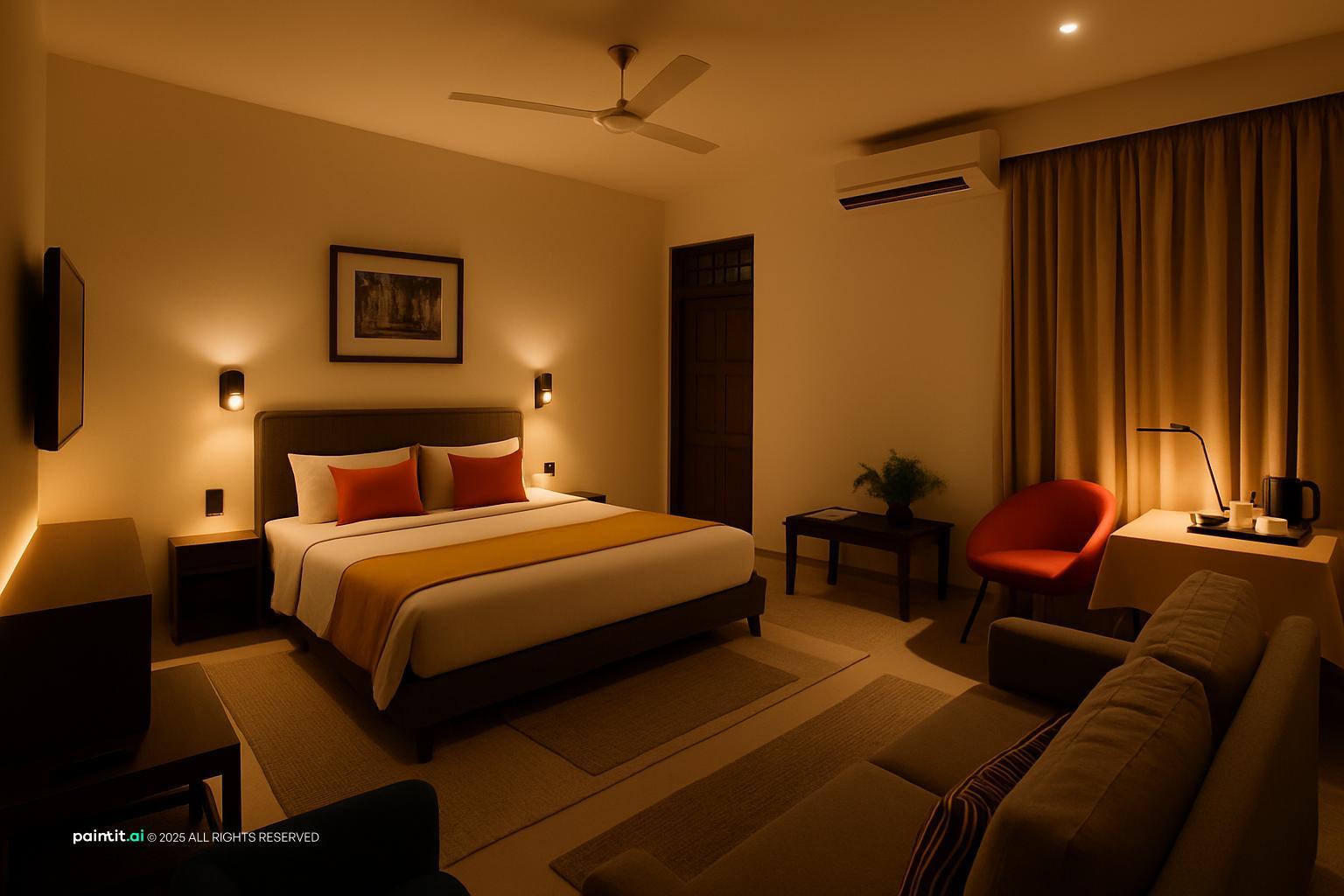 Hotel room with warm wall sconces beside the bed, a lit headboard niche, an orange armchair and a sofa