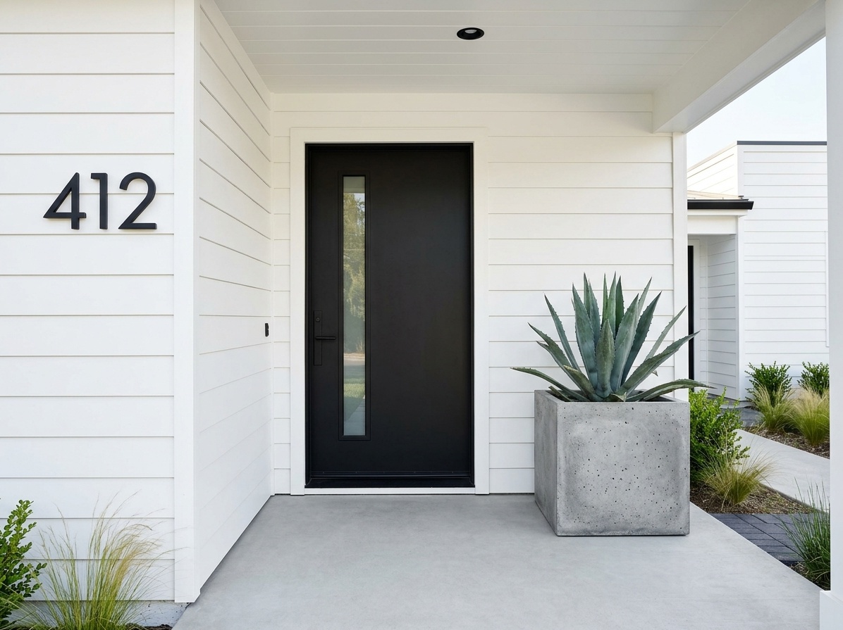 Modern minimalist front porch with matte black door, single concrete  planter, and large black house numbers on white siding