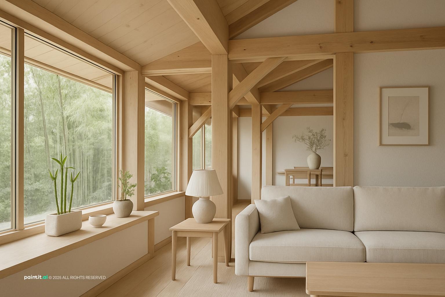 Japandi living room with light wood beams, a cream sofa, a low wooden table and large windows