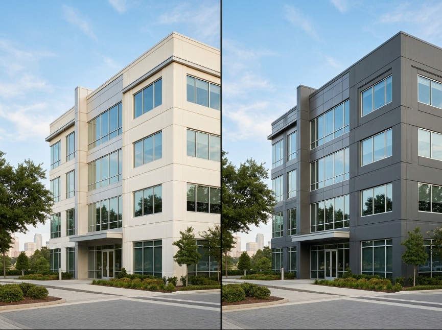 Commercial building exterior shown in two paint color directions for stakeholder comparison