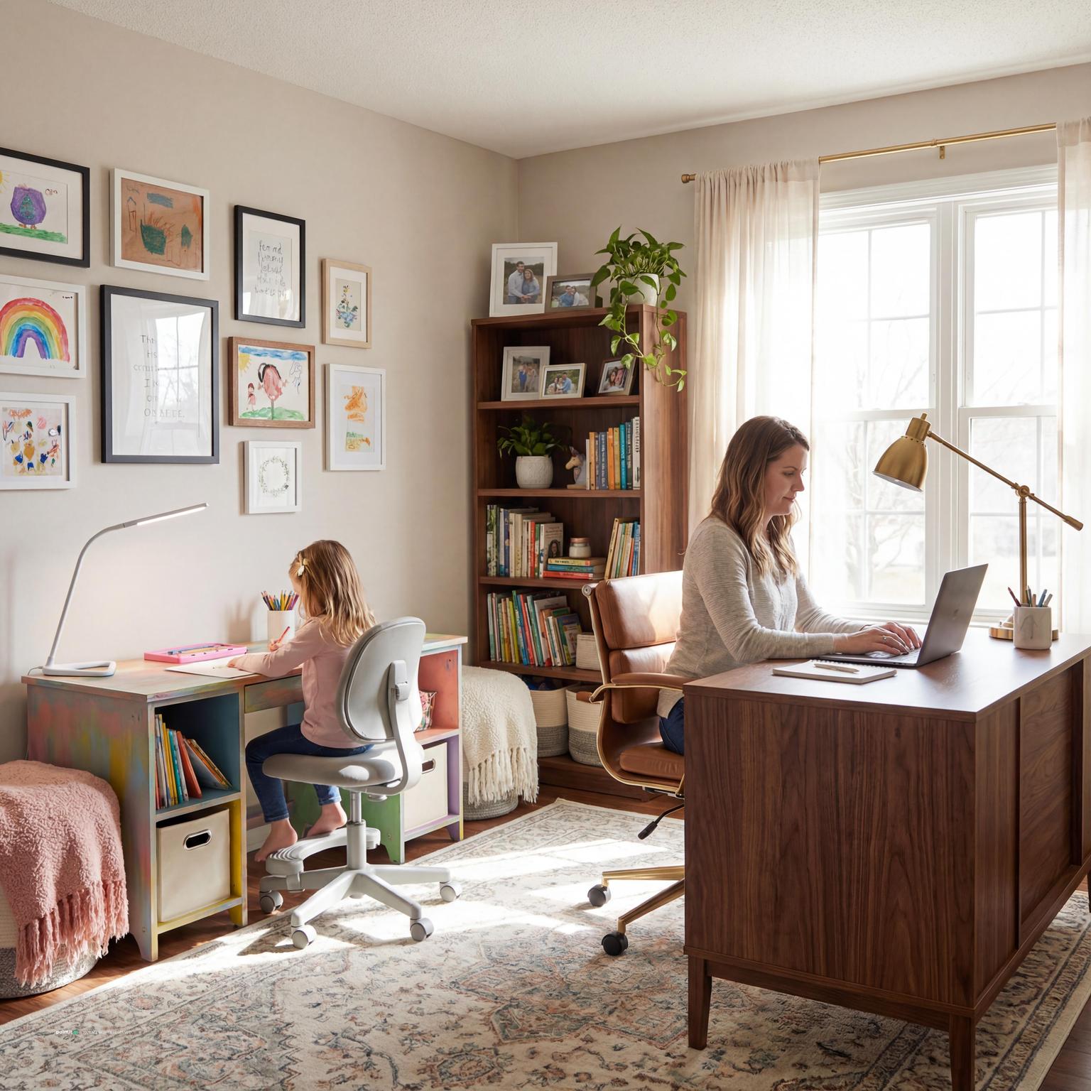 Home office with compact desk and welcoming decor
